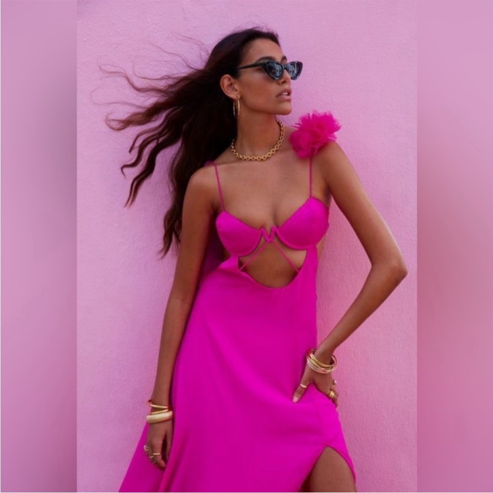 For Love And Lemons Davis Chiffon Bright Pink‎ Underwire Maxi Dress Gown - Picture 4 of 13